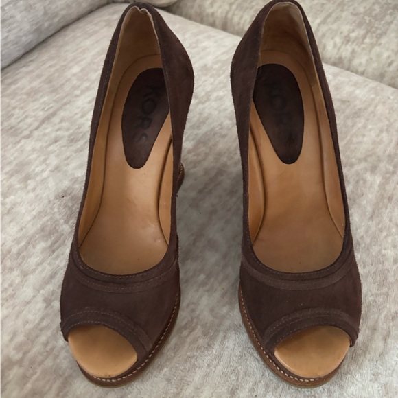Michael Kors Brown Peep-Toe Suede Wedges - Picture 1 of 11